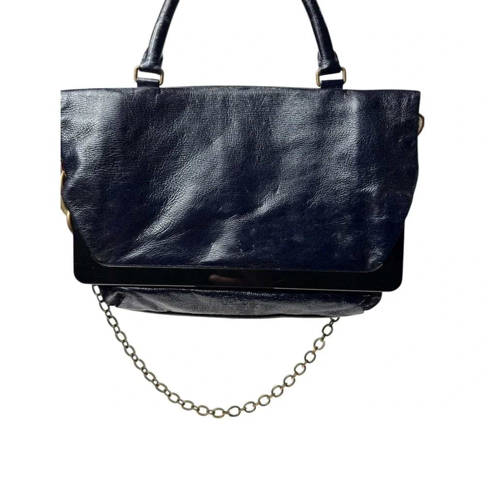 Lanvin Vintage Leather Satchel Bag Chain Detail‎ Navy Blue Medium